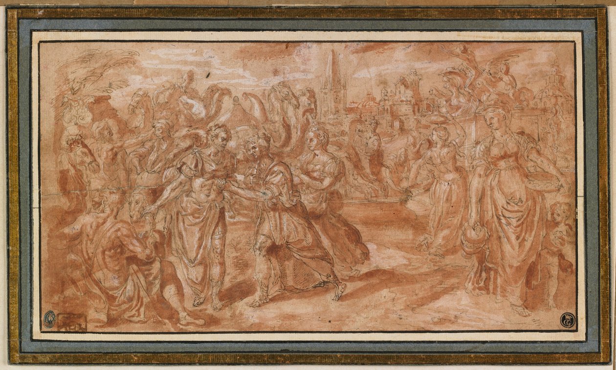 Laban och Rebecca tar emot Eliezer, 1561-62 (penna och brunt bläck med röd tvätt och vit förhöjning) av Maarten de Vos
