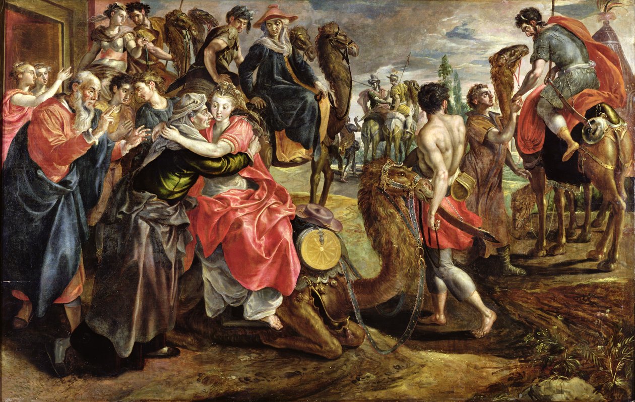 Rebecca tar farväl av sin familj, c.1562 av Maarten de Vos