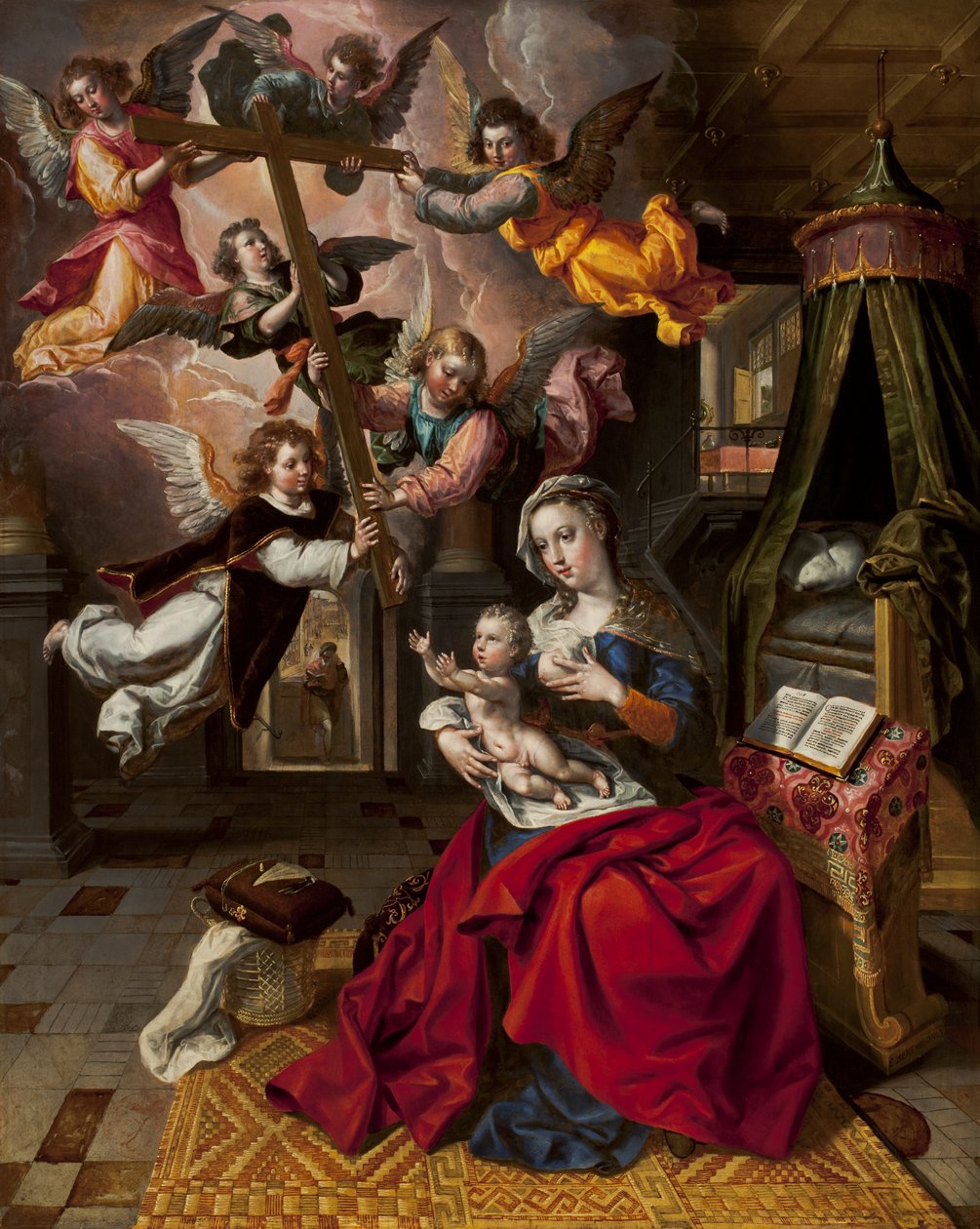 Jungfru med Kristusbarnet välkomnar korset, ca 1600 av Maarten de Vos