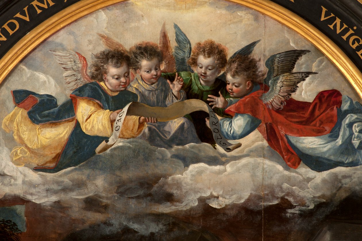 Tillbedjan av Magi, Triptyk, Centralpanel, detalj, målning på trä av Maarten de Vos