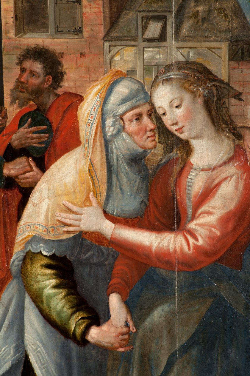 Adoration of the Magi, Triptyk, Vänster panel: Holy Virgins liv, detalj, målning på trä av Maarten de Vos