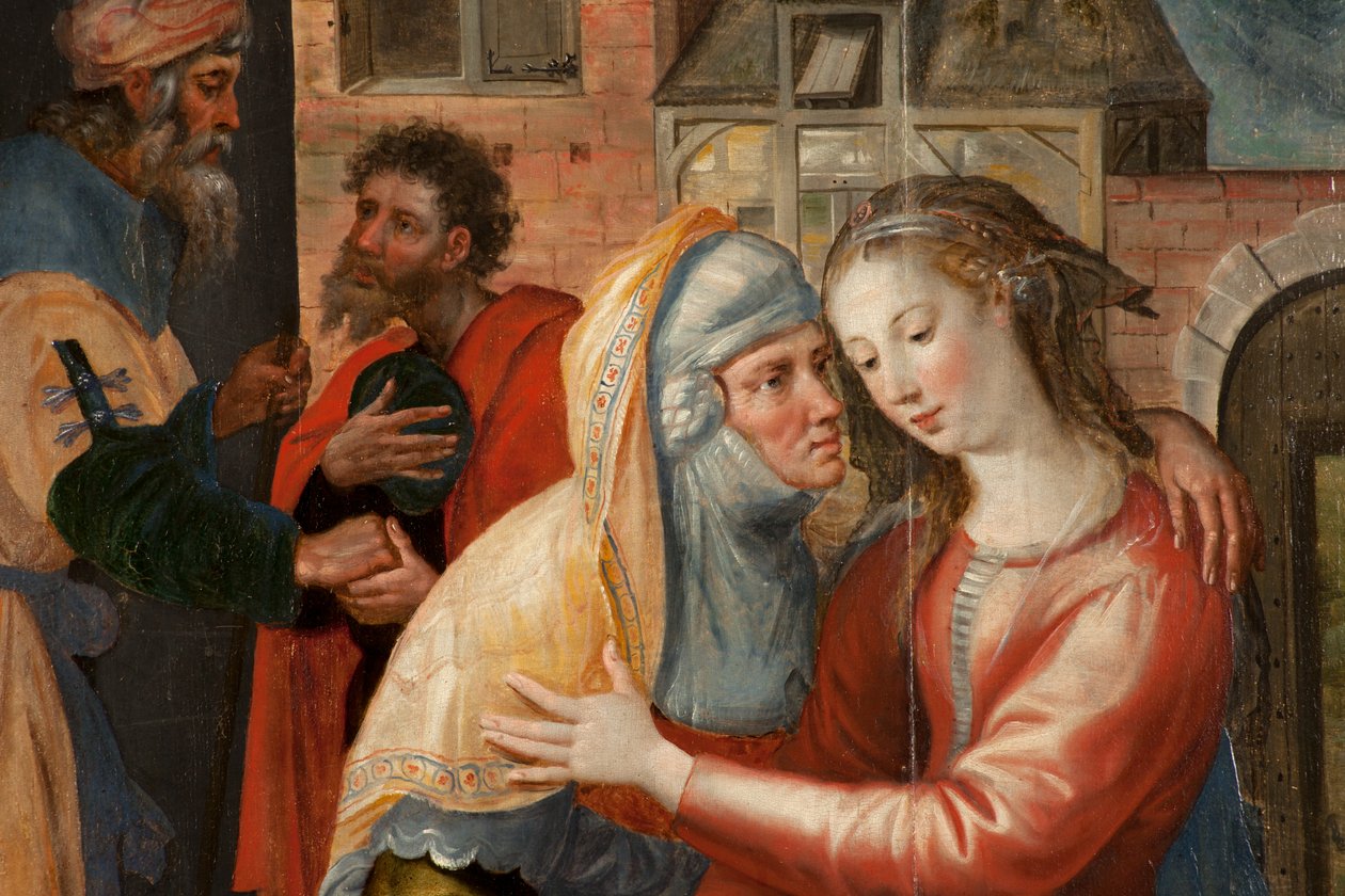 Adoration of the Magi, Triptyk, Vänster panel: Holy Virgins liv, detalj, målning på trä av Maarten de Vos