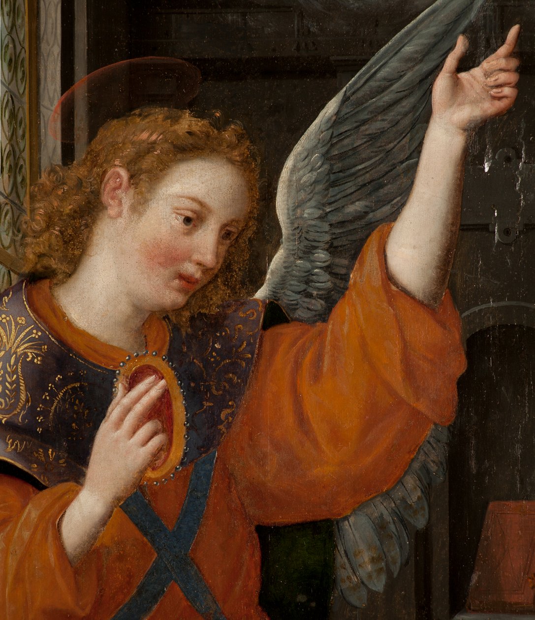 Tillbedjan av Magi, Triptyk, Vänster panel, bakre del, detalj, målning på trä av Maarten de Vos
