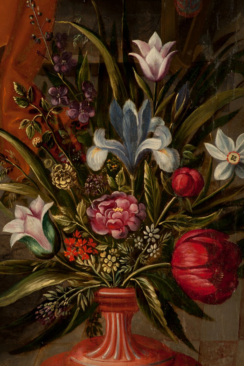 Tillbedjan av Magi, Triptyk, Vänster panel, bakre del, detalj, målning på trä av Maarten de Vos