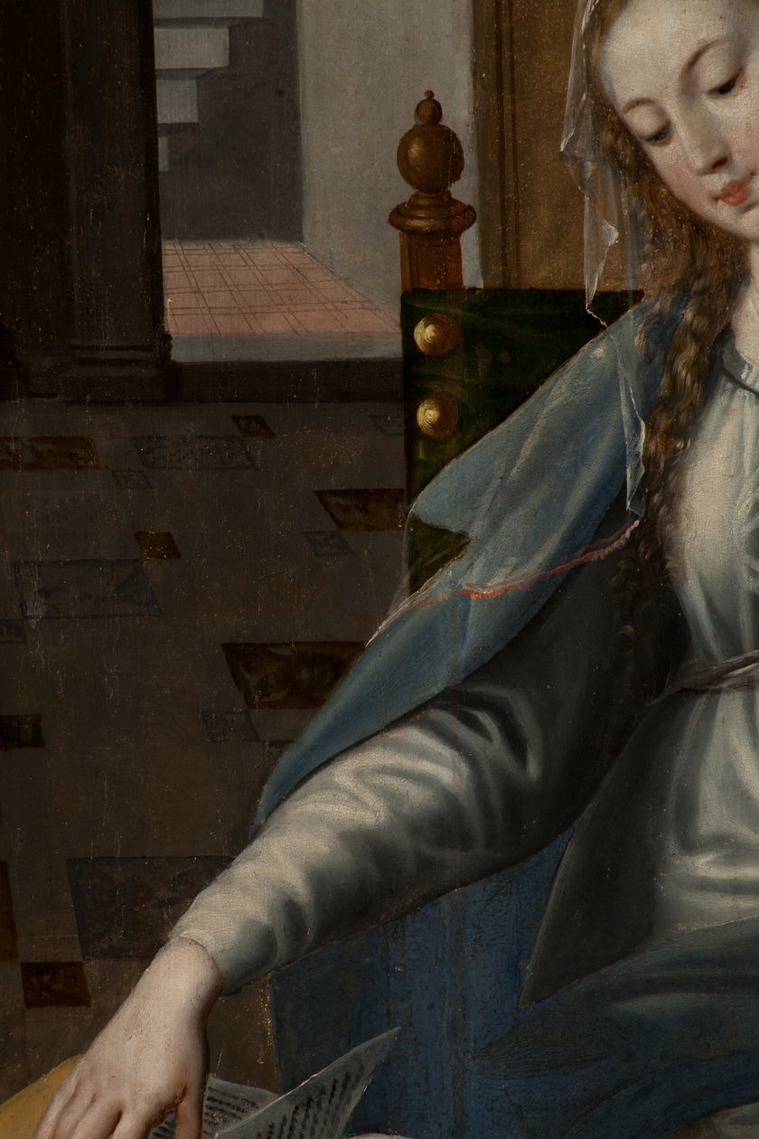 Tillbedjan av Magi, Triptyk, Höger panel bakdel, detalj, målning på trä av Maarten de Vos