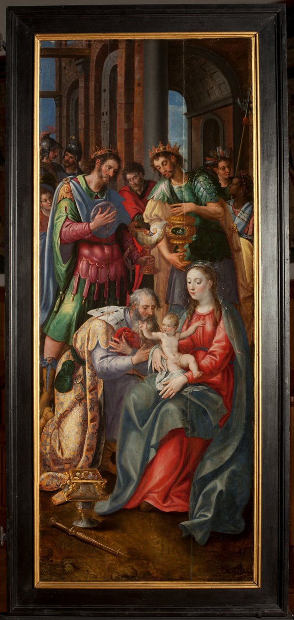 Tillbedjan av Magi, Triptyk, Höger panel, målning på trä av Maarten de Vos