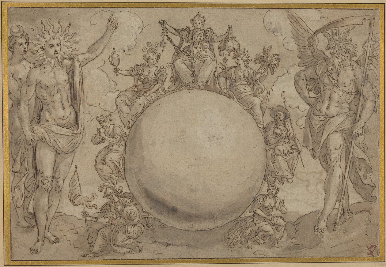 Apollo, Diana, and Time with the Cyclic Vicissitudes of Human Life, ca 1561 (penna och brunt bläck med grå färg över spår av grafit, ristat för överföring på papper) av Maarten de Vos