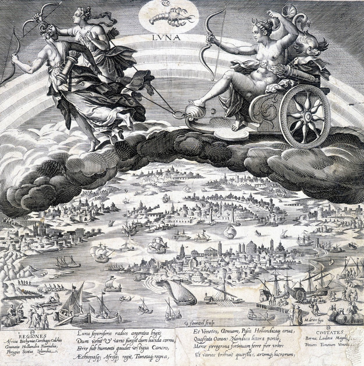 Luna: allegori över månen (Diana) och skorpionen som är under dess inflytande (stjärntecken) - gravyr av Maaerten de Vos (Martin de Vos, Marten de Vos) (1532-1603), n.d. av Maarten de Vos