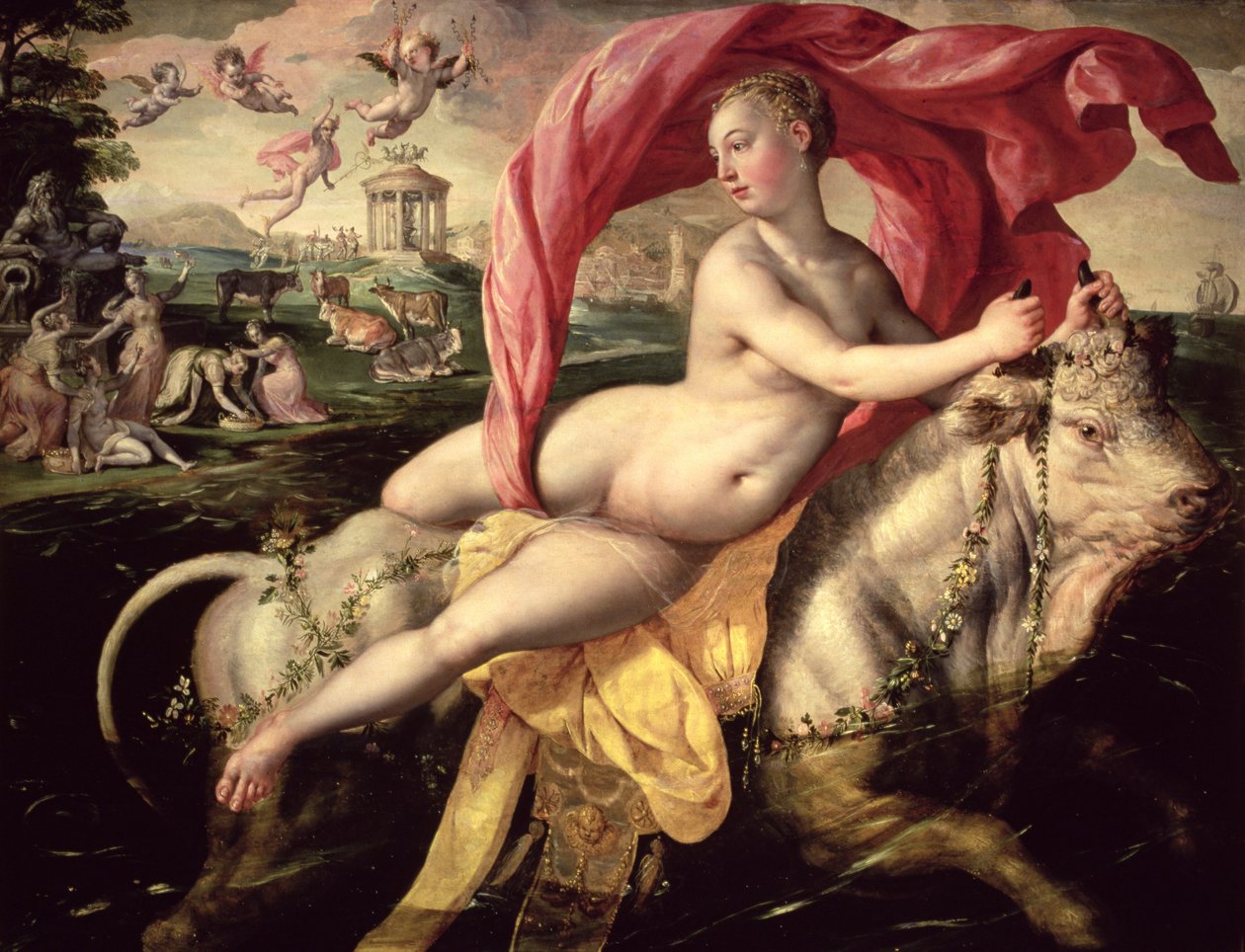 The Rape of Europa, c.1590 (olja på ekpanel) av Maarten de Vos