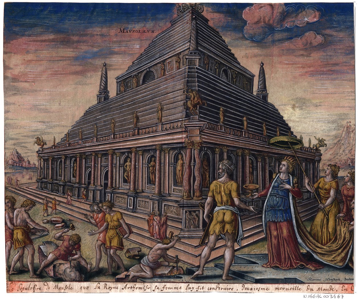 Mausoleet i Halicarnassus (från serien ""Världens åttonde underverk") Efter Maarten van Heemskerck - Galle, Philipp (1537-1612) - 1572 - Etsning, akvarell - Bibliotheque Municipale de Lyon av Maarten van (after) Heemskerck
