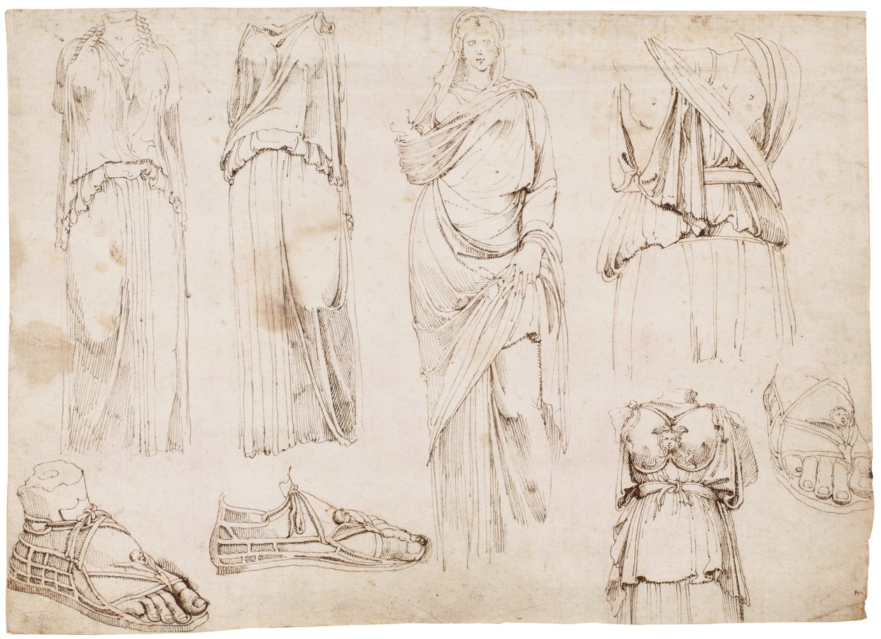 Kvinnofigurer och sandaler, ca 1498-1574 (röd krita, penna och brunt bläck) av Maarten van Heemskerck (circle of)