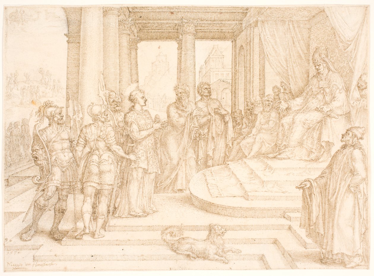 Den helige Stefanus ställs inför översteprästen av Maarten van Heemskerck