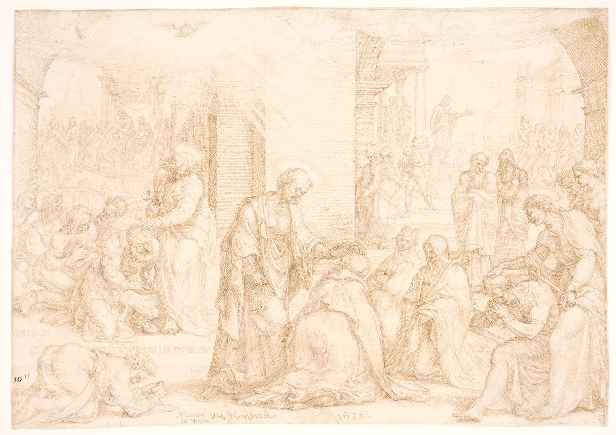 Filippus, Petrus och Johannes skänker den helige Ande till de döpta män och kvinnor i Samarien genom handpåläggning av Maarten van Heemskerck