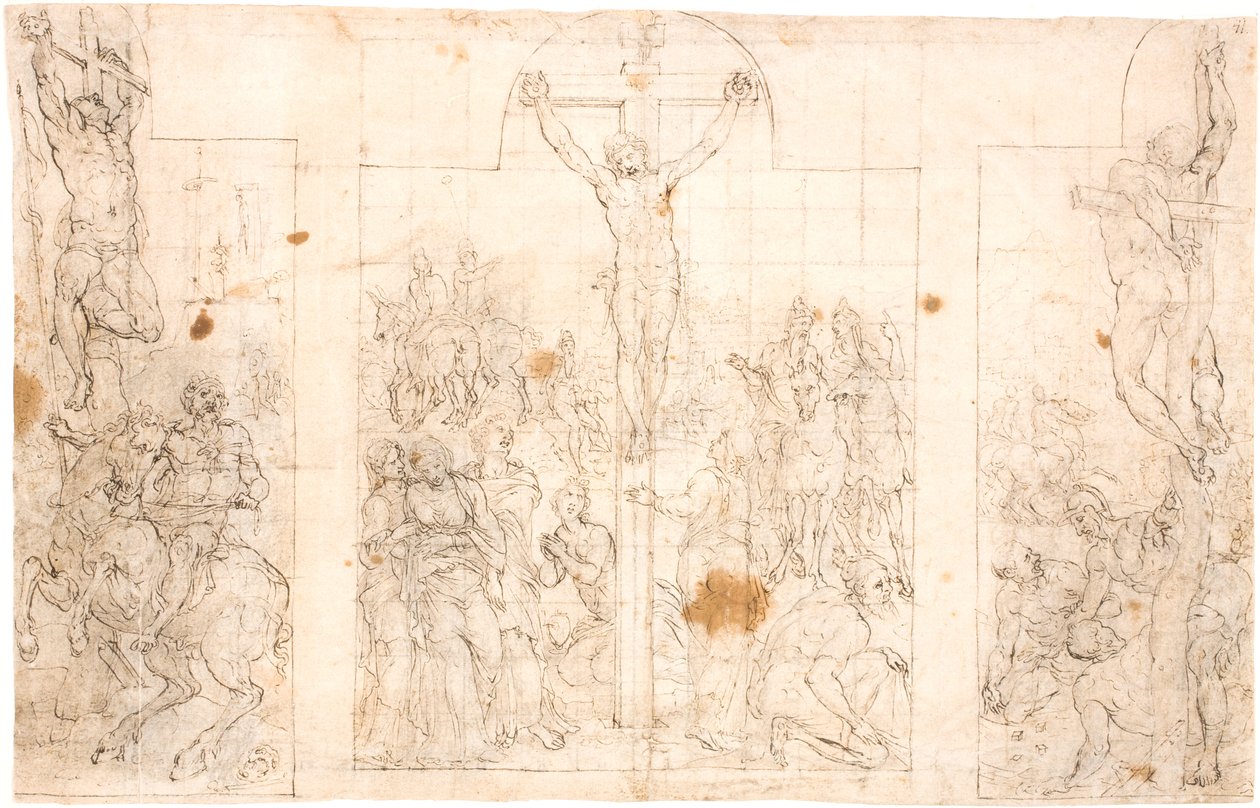 Förstudie för en trevingad altartavla föreställande korsfästelsen av Maarten van Heemskerck