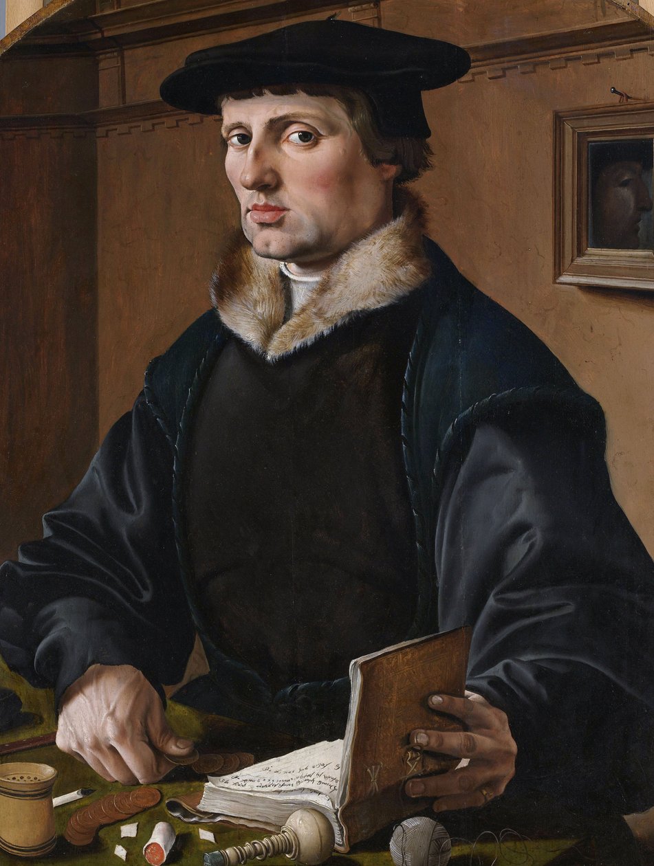 Tyska: Bildnis eines Kaufmanns (Pieter Bicker) Porträtt av (möjligen) Pieter Gerritsz Bicker, hänge av (möjligen) hans hustru Anna Codde av Maarten van Heemskerck