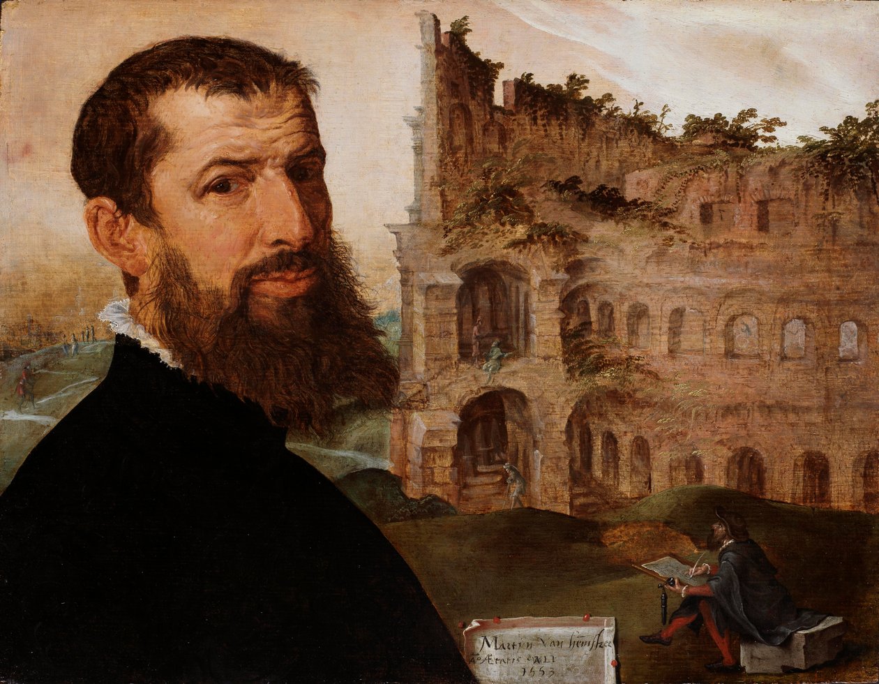 Tyska: Selbstporträt mit dem Kolosseum Självporträtt med Colosseum av Maarten van Heemskerck