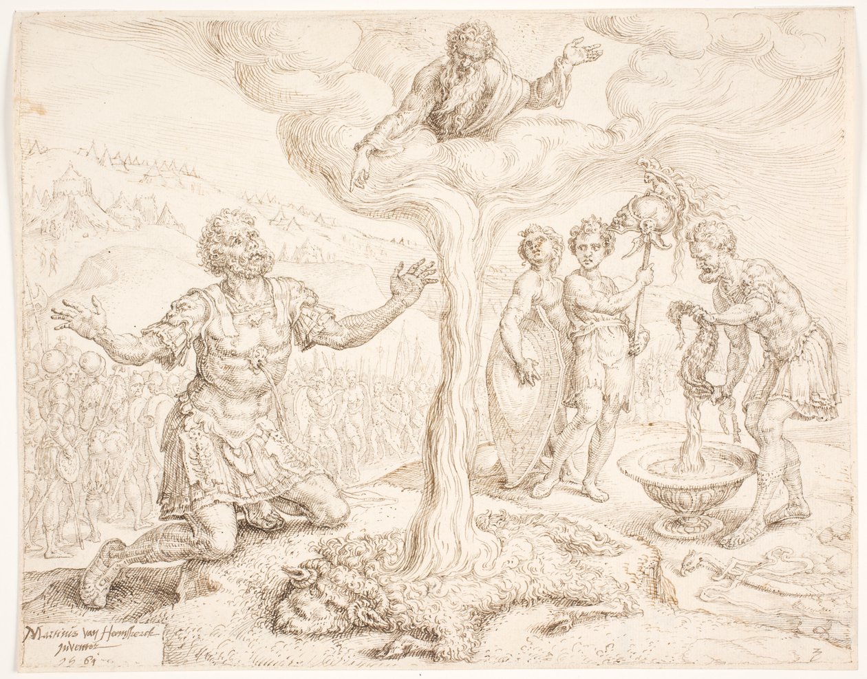 Gideon knäböjer i bön (Berättelsen om daggen och ullfleece) av Maarten van Heemskerck