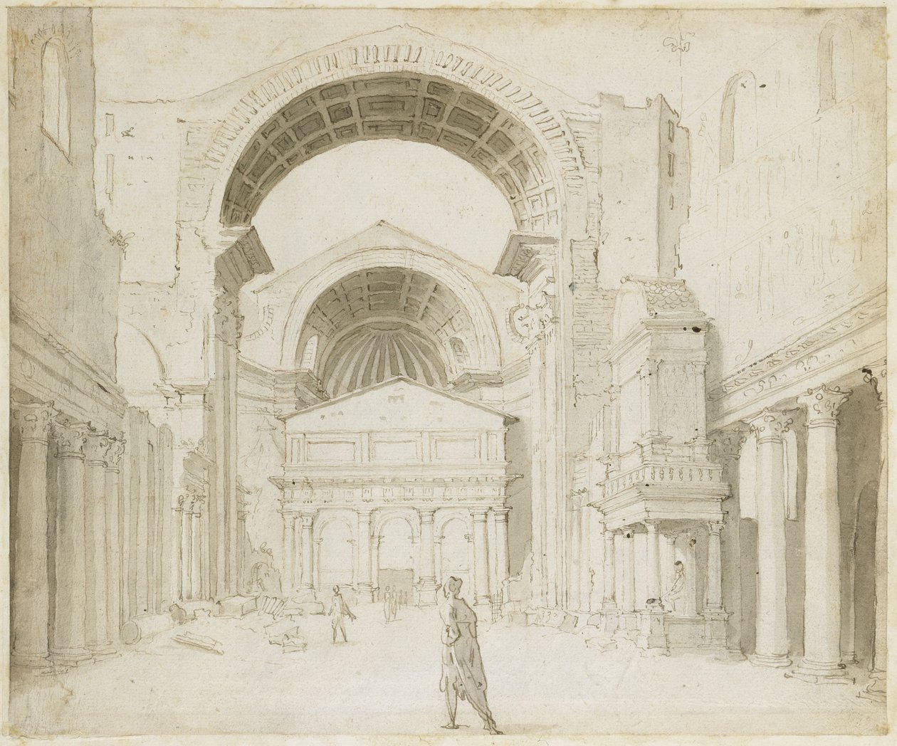 Interiörbild av långhuset i Alt-St. Peter med utsikt över den nya byggnaden av Maarten van Heemskerck