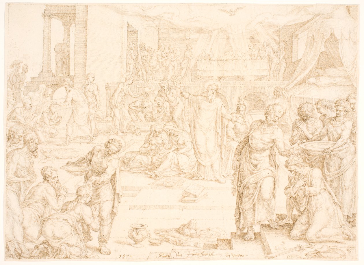 Petrus och de andra apostlarna döper församlingen i Jerusalem av Maarten van Heemskerck