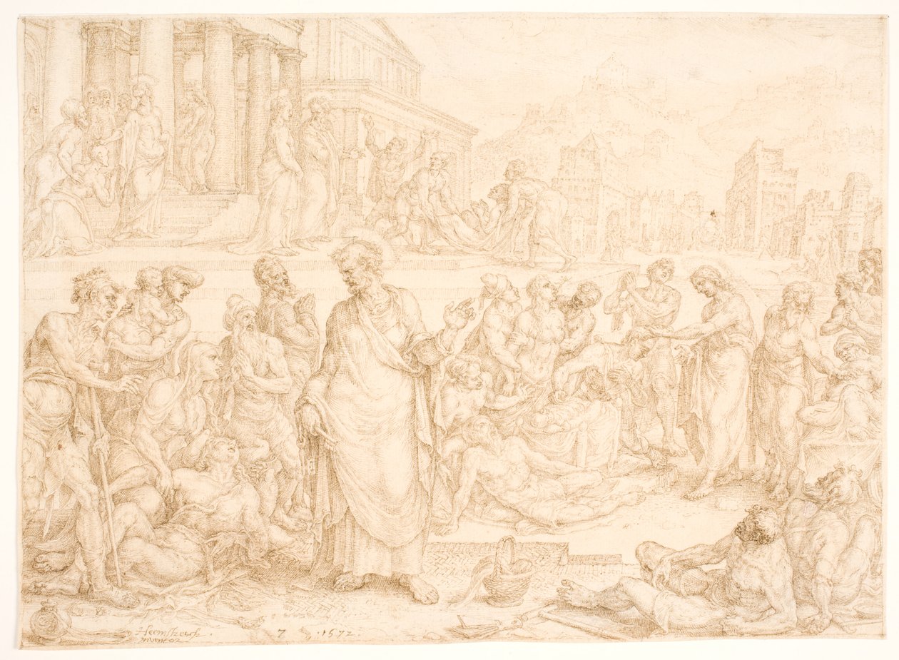 Petrus och de andra apostlarna botar de sjuka av Maarten van Heemskerck