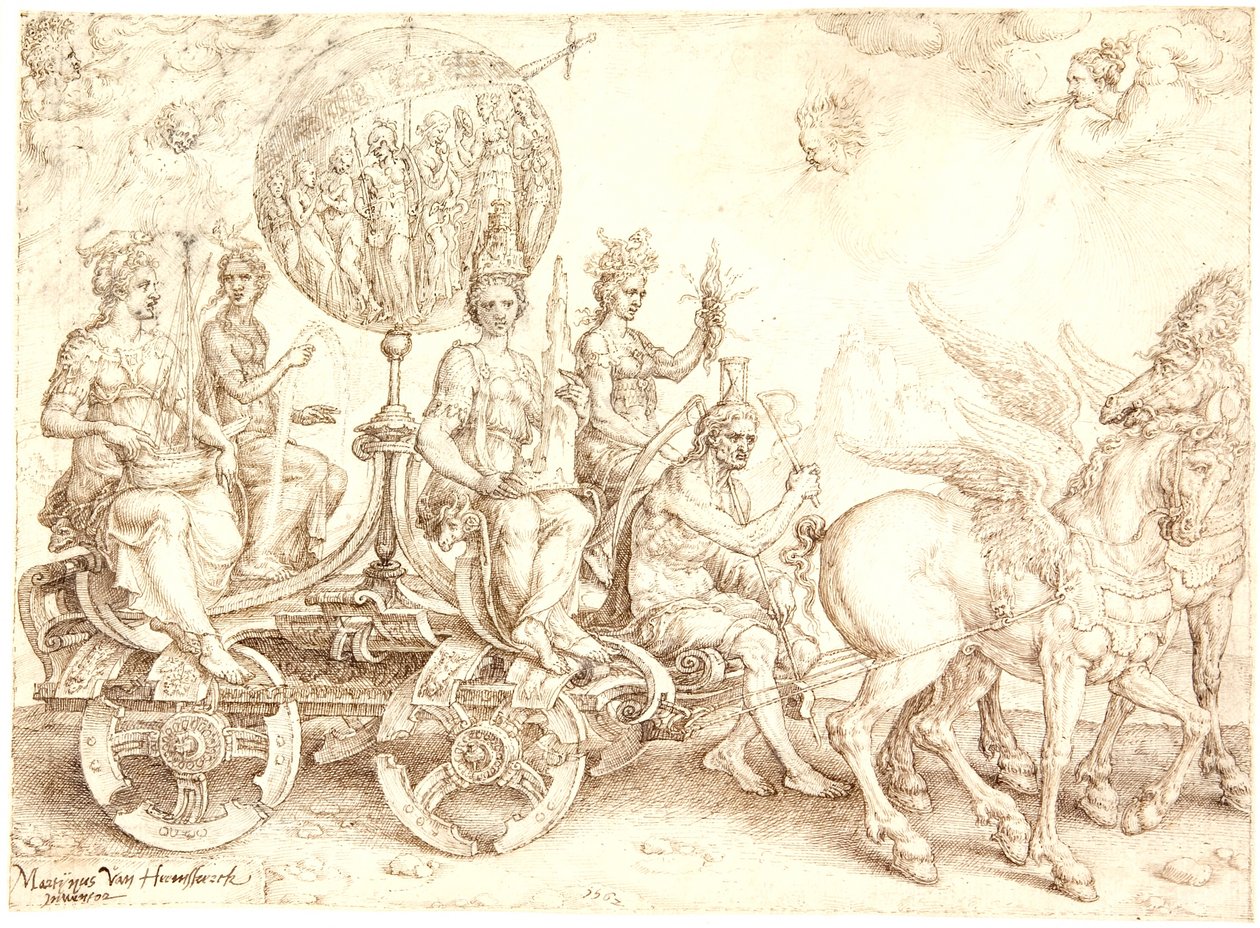 Triumfvagn. Mundus (Världen). (En allegori över de fyra elementen) av Maarten van Heemskerck