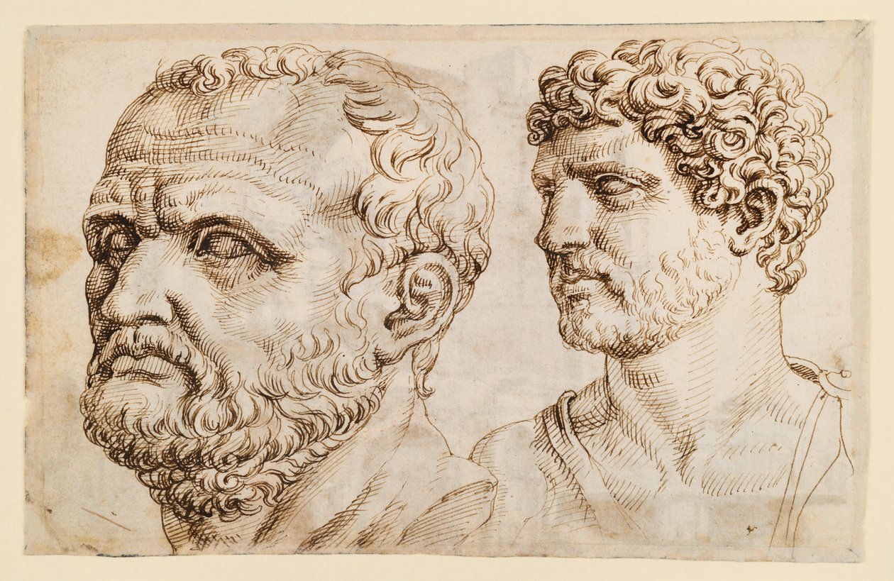 Två huvuden av antika statyer av Maarten van Heemskerck