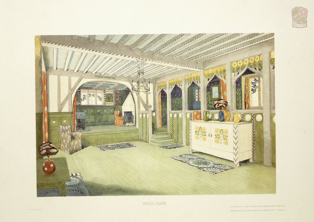 Music Room, Isle of Man, ca 1901 (färglitografi) av Mackay Hugh (after) Baillie Scott