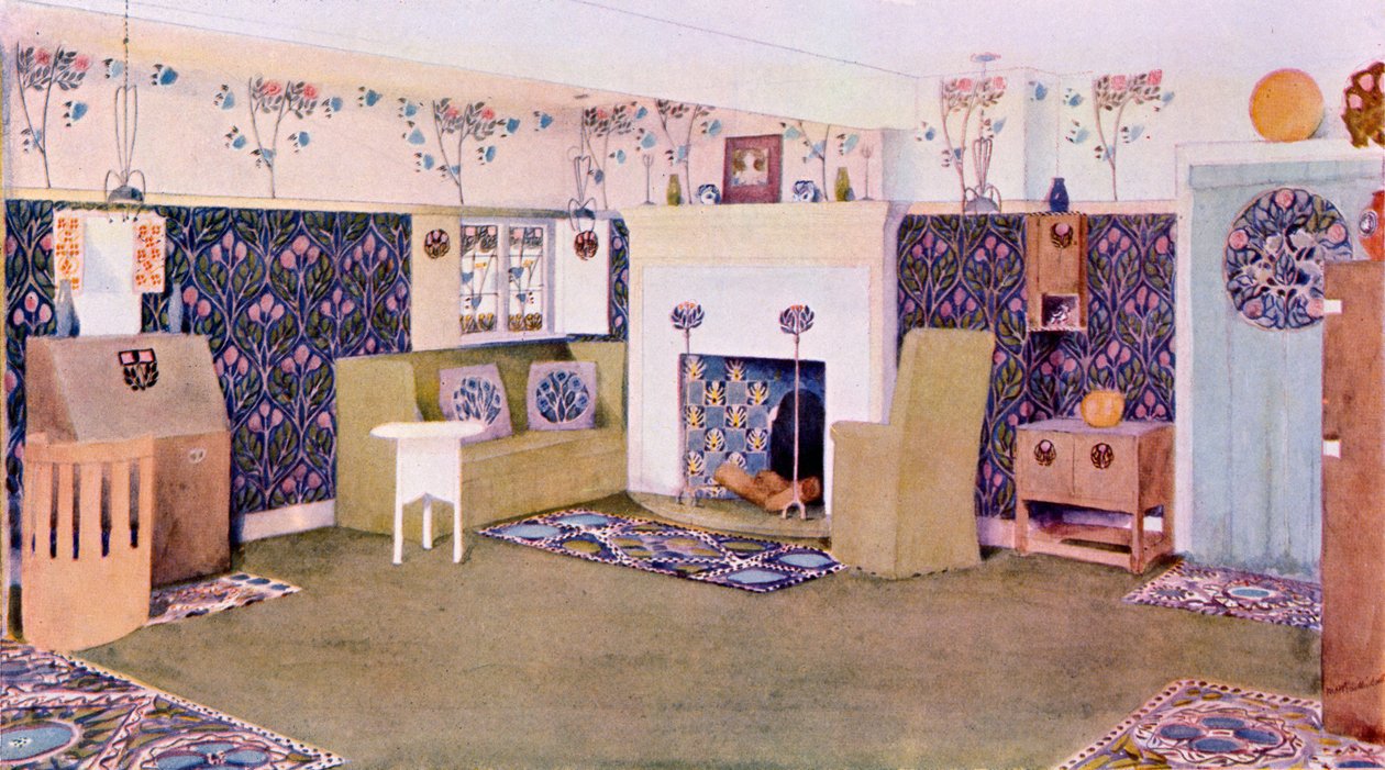 Ritning för salongen i Falkewood, ca 1906 av Mackay Hugh Baillie Scott