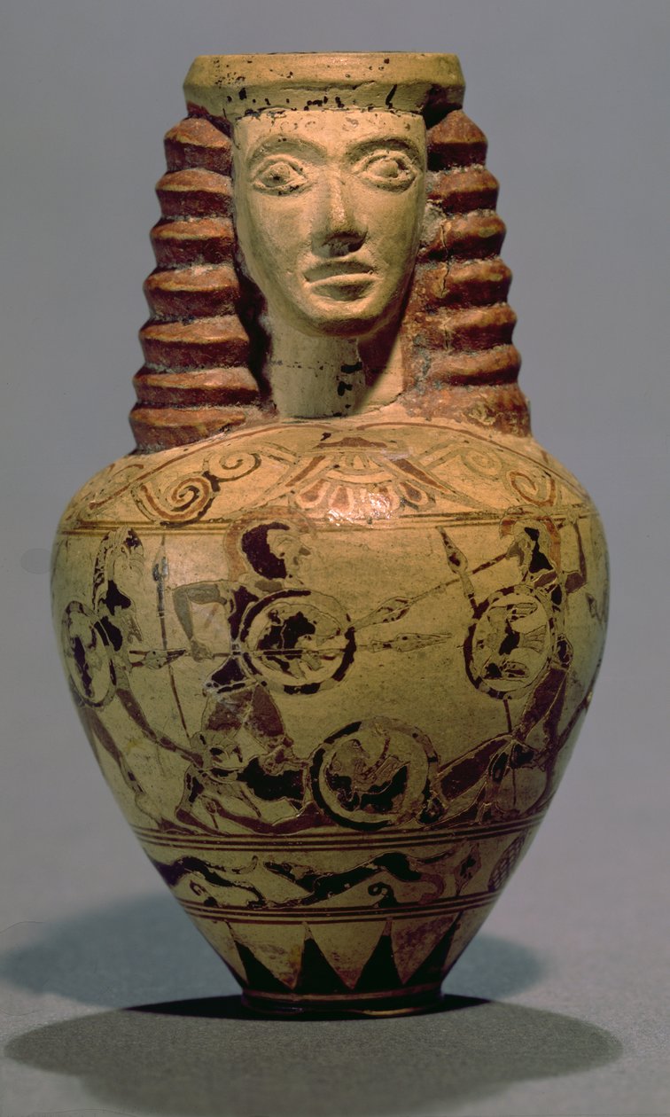 Proto-korintiska aryballos med ett mänskligt huvud, dekorerad med en stridsscen, c.640 f.Kr. (keramik) av Macmillan Painter