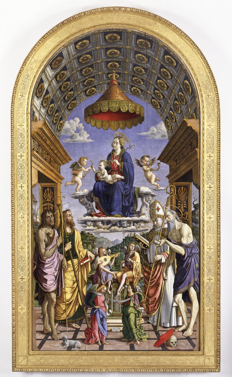 Madonna och barn i ära, musikeränglar och helgon Johannes Döparen, James, Ugo och Hieronymus, 1498 av Macrino dAlba