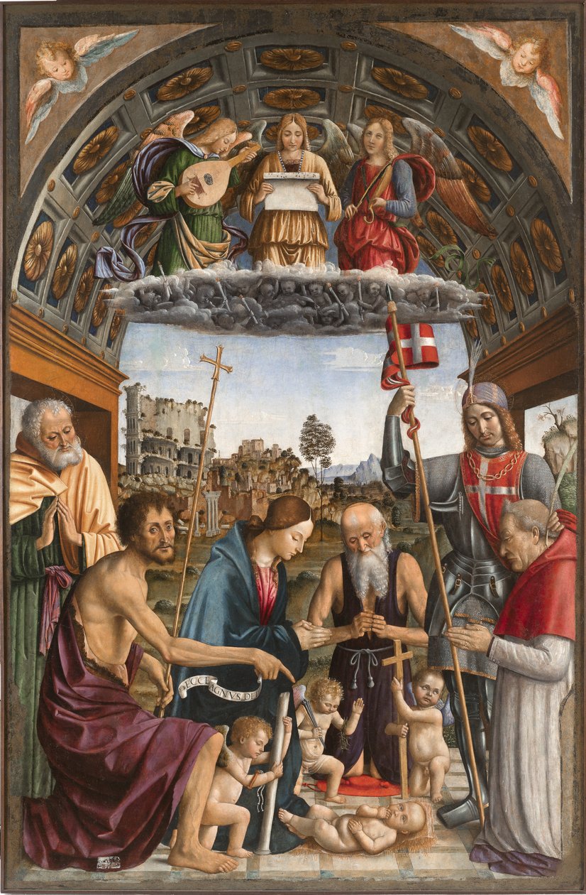 Madonna i tillbedjan av barnet med putti som bär symbolerna för passionen, musikeränglar, helgonen Josef, Johannes Döparen, Hieronymus, Solutor och donatorn Amedeo av Romagnano, av Macrino dAlba