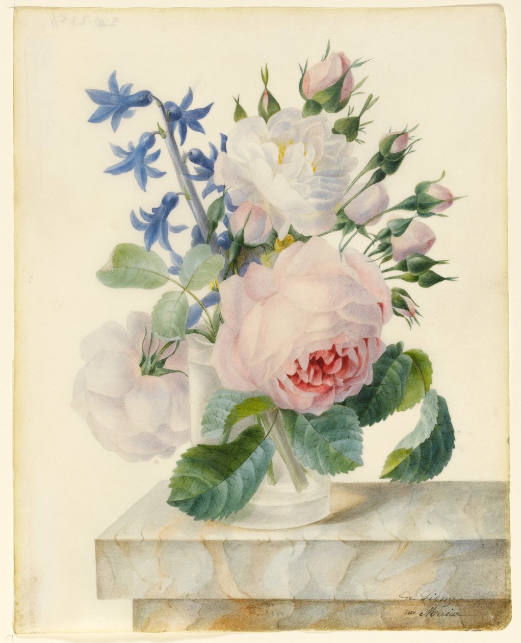 Vas som innehåller en Centifolia och en Alba Rose, med knoppar och en hyacint på en marmorbräckning (grafit & wc på veläng) av Madame de Ligny