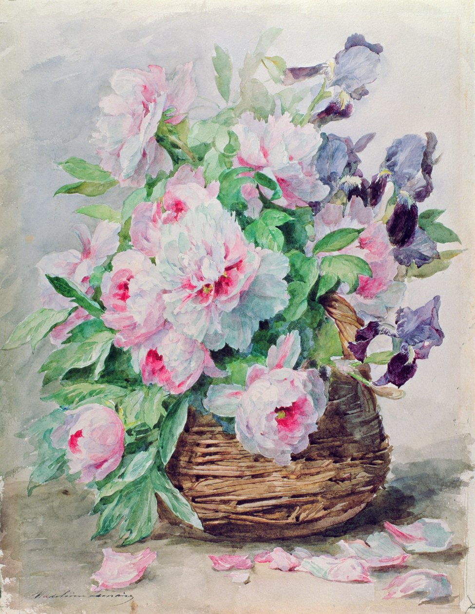Iris och pioner i en korg (wc och gouache på papper) av Madeleine Lemaire