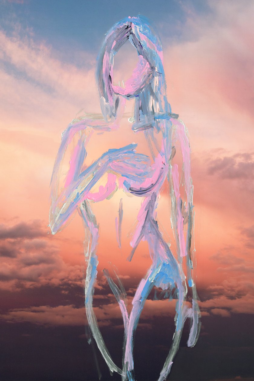 In The Clouds, 2019 (akrylfärg på arkivbeständigt pigmenttryck) av Madeleine Gross
