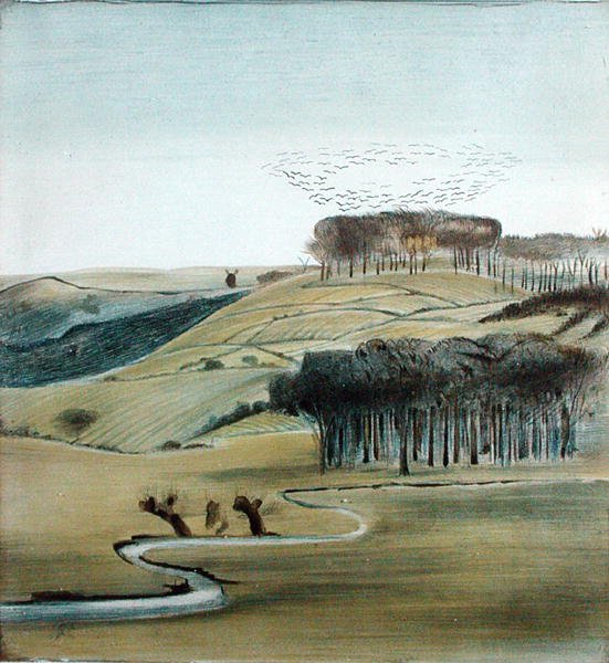 Landskap med Flock of Rooks (penna, penna och bläck och akvarell på papper) av Madeline Wyndham
