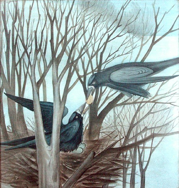 Two Rooks Mata i ett träd (penna och akvarell på papper) av Madeline Wyndham