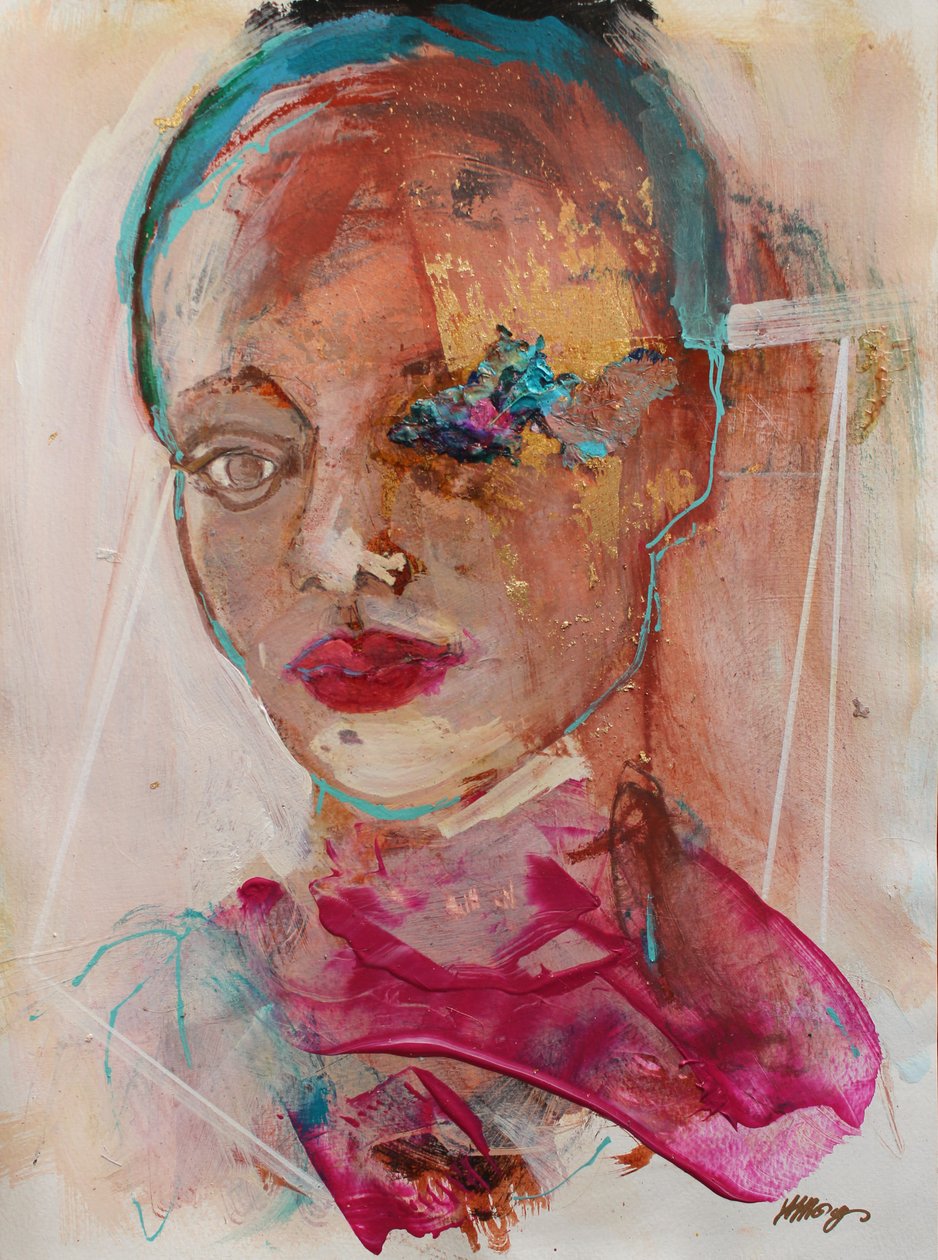 Lost In Thought 2, 2020 (akryl, pastell och bladguld på papper) av Madgalena Morey