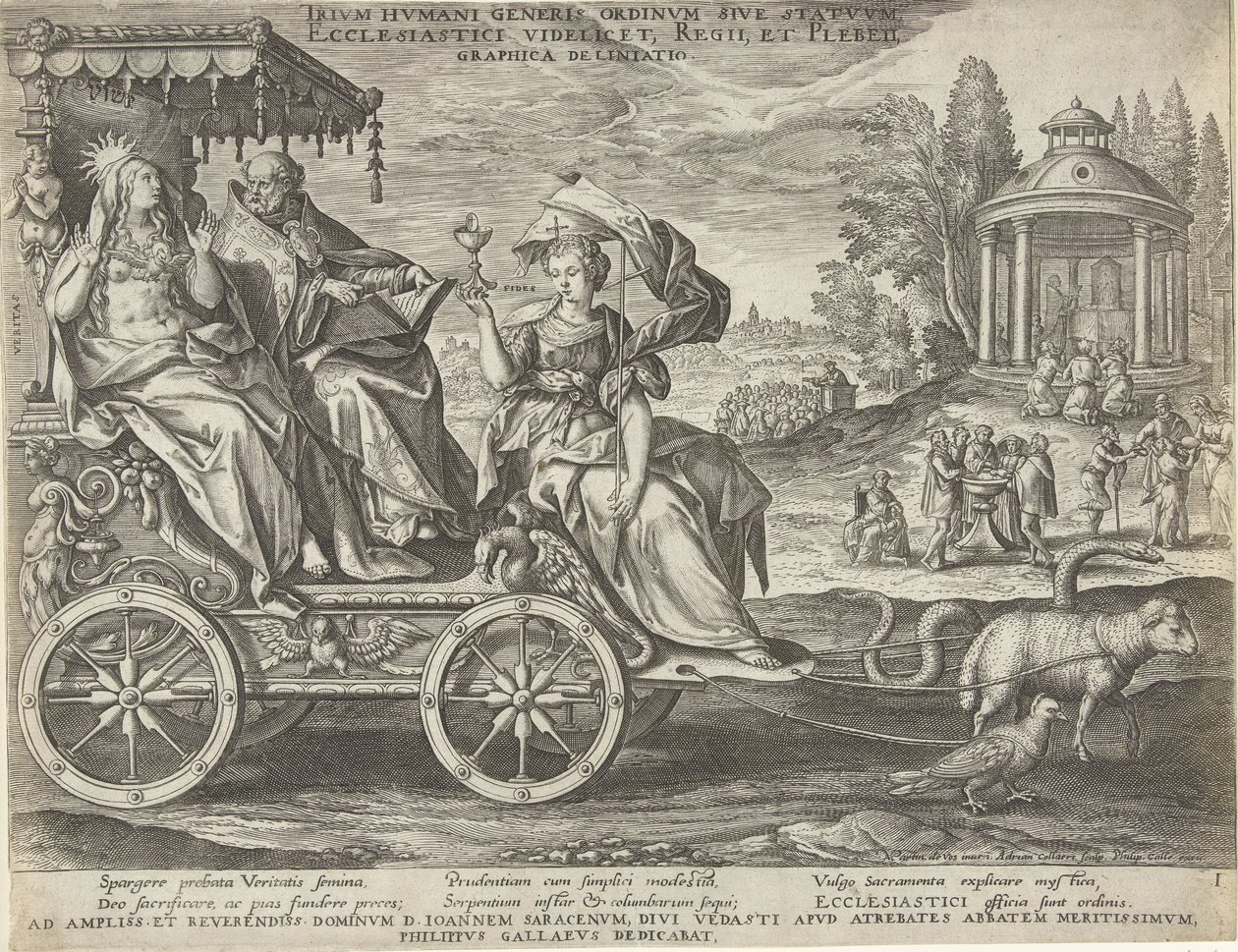 Allegory of the First Estate, engraved by Adriaen Collaert after Maarten de Vos and published by Philip Galle; dedicated to Jean Sarrazin av Maarten de Vos