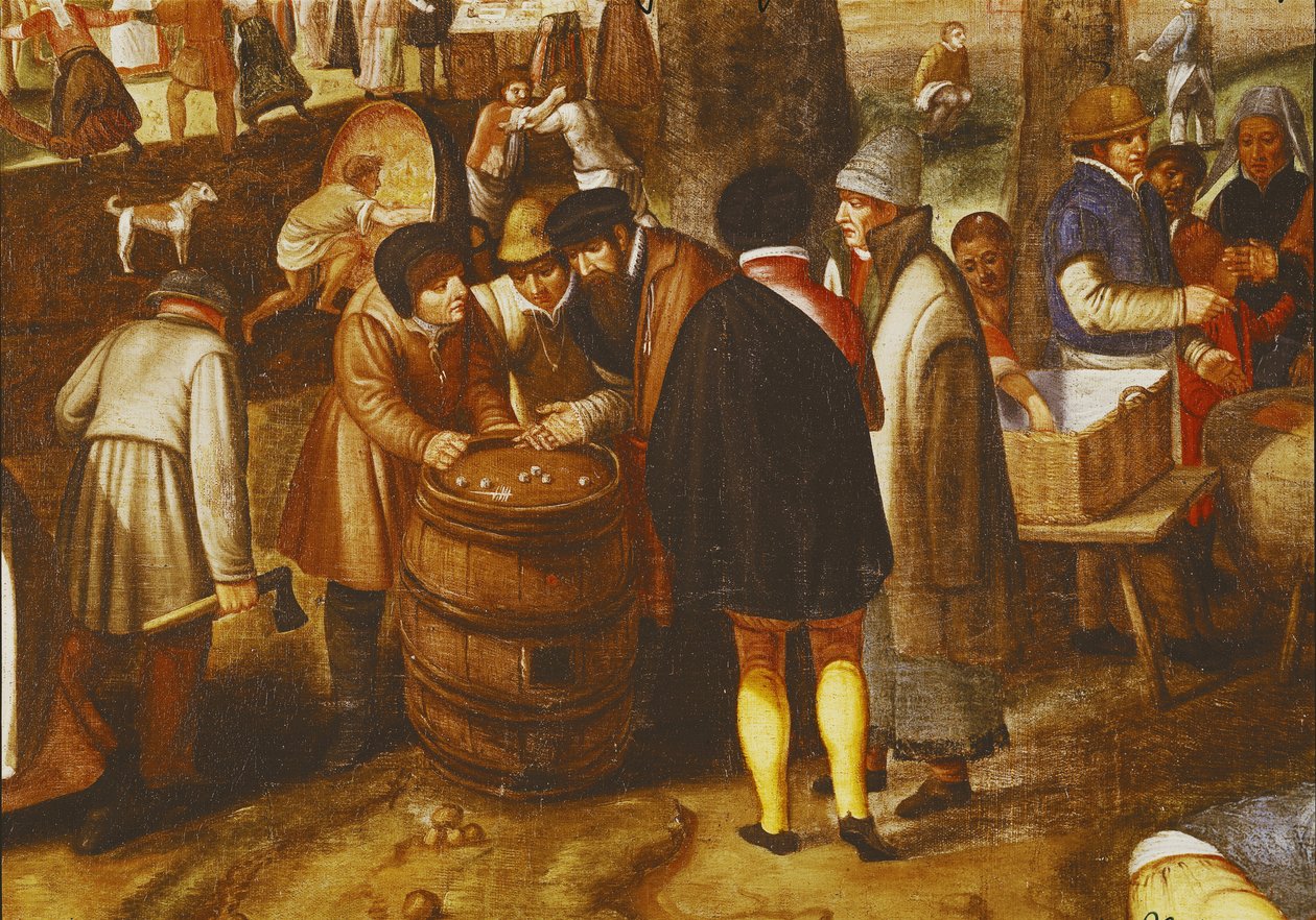 Flemish Fair, detalj av män som spelar tärning av Maerten van Cleve