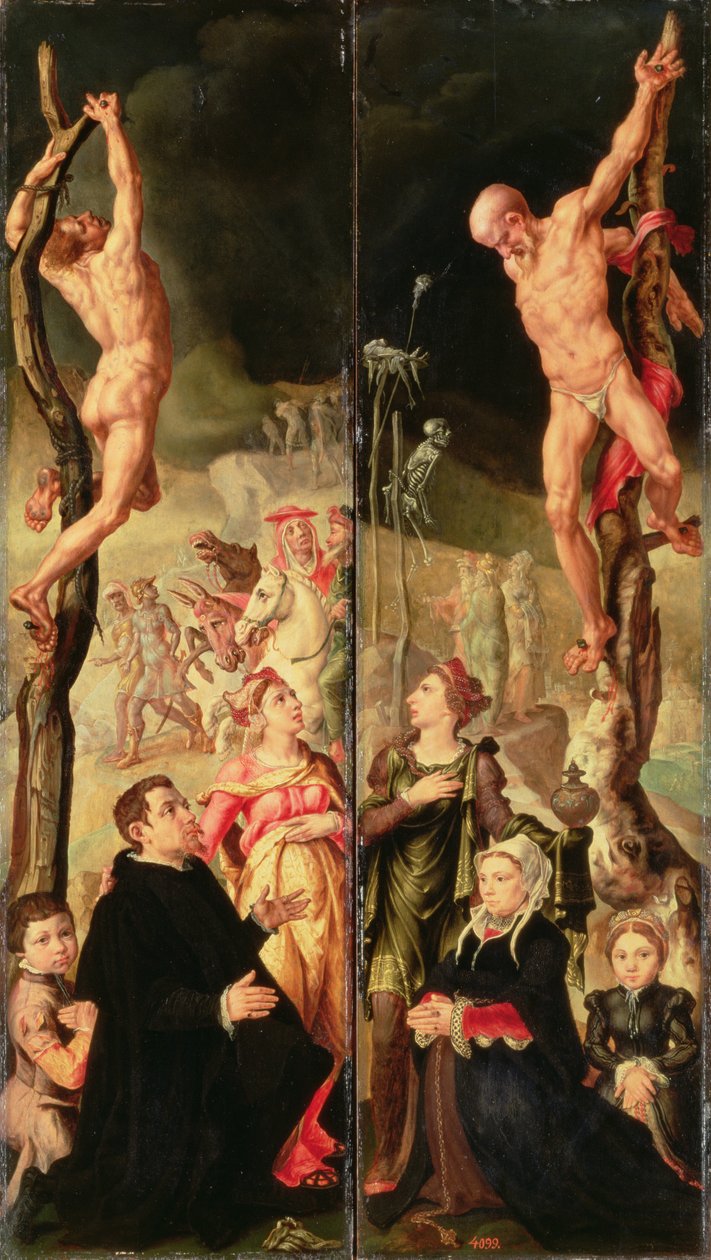Golgata, sidopaneler från triptyk (panel) av Maerten van Heemskerck