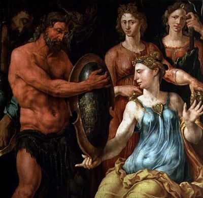 Vulcan visar gudarna sin fångst av Venus och Mars i sina nät, ca 1536 (panel) av Maerten van Heemskerck