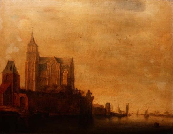 Groote Kerk med utsikt över huvudtornet, Emmerich i ett flodlandskap med segelbåtar av Maerten Fransz van der Hulst