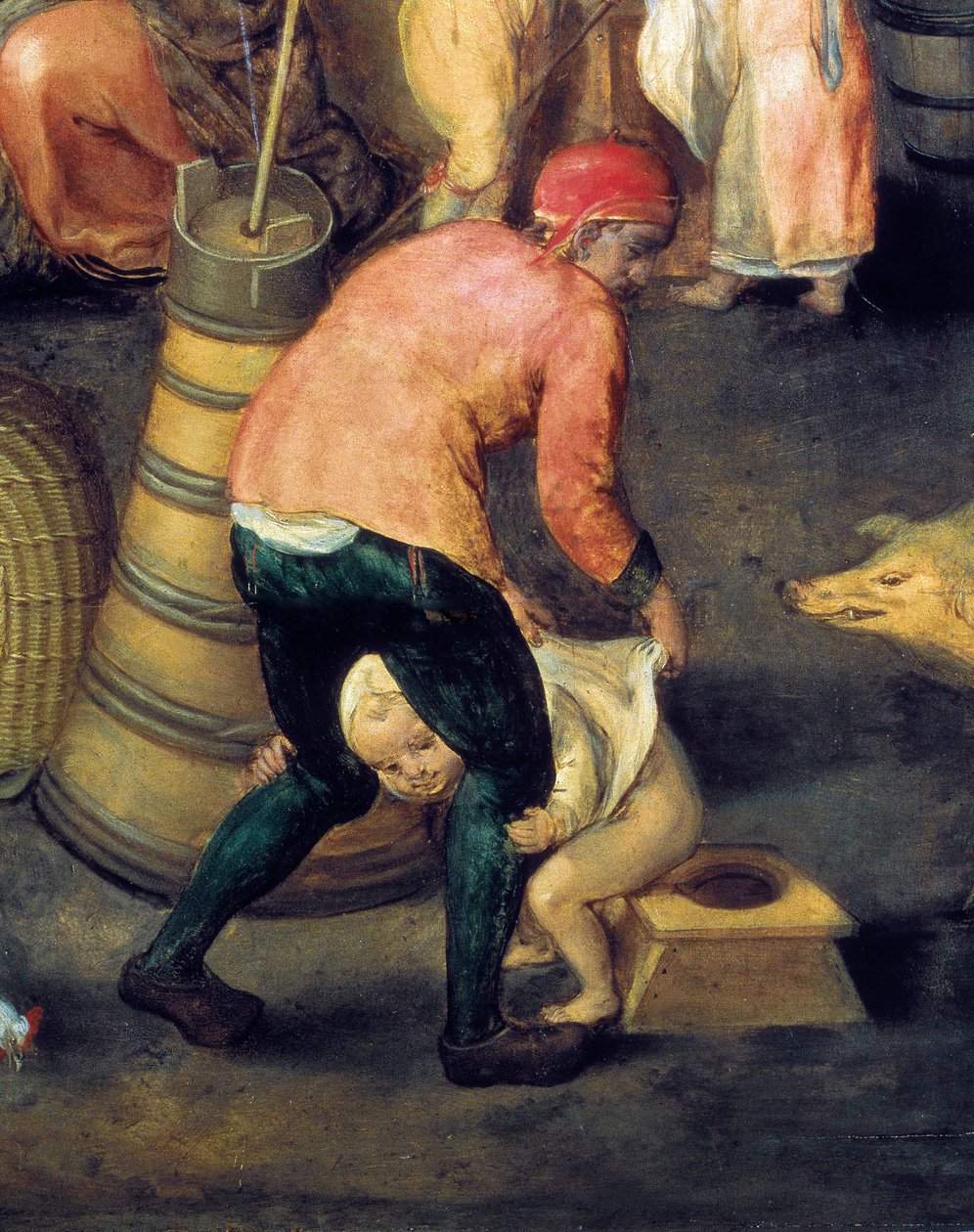 “ Flemish house interior” En man håller en liten pojke på grytan av Maerten van Cleve
