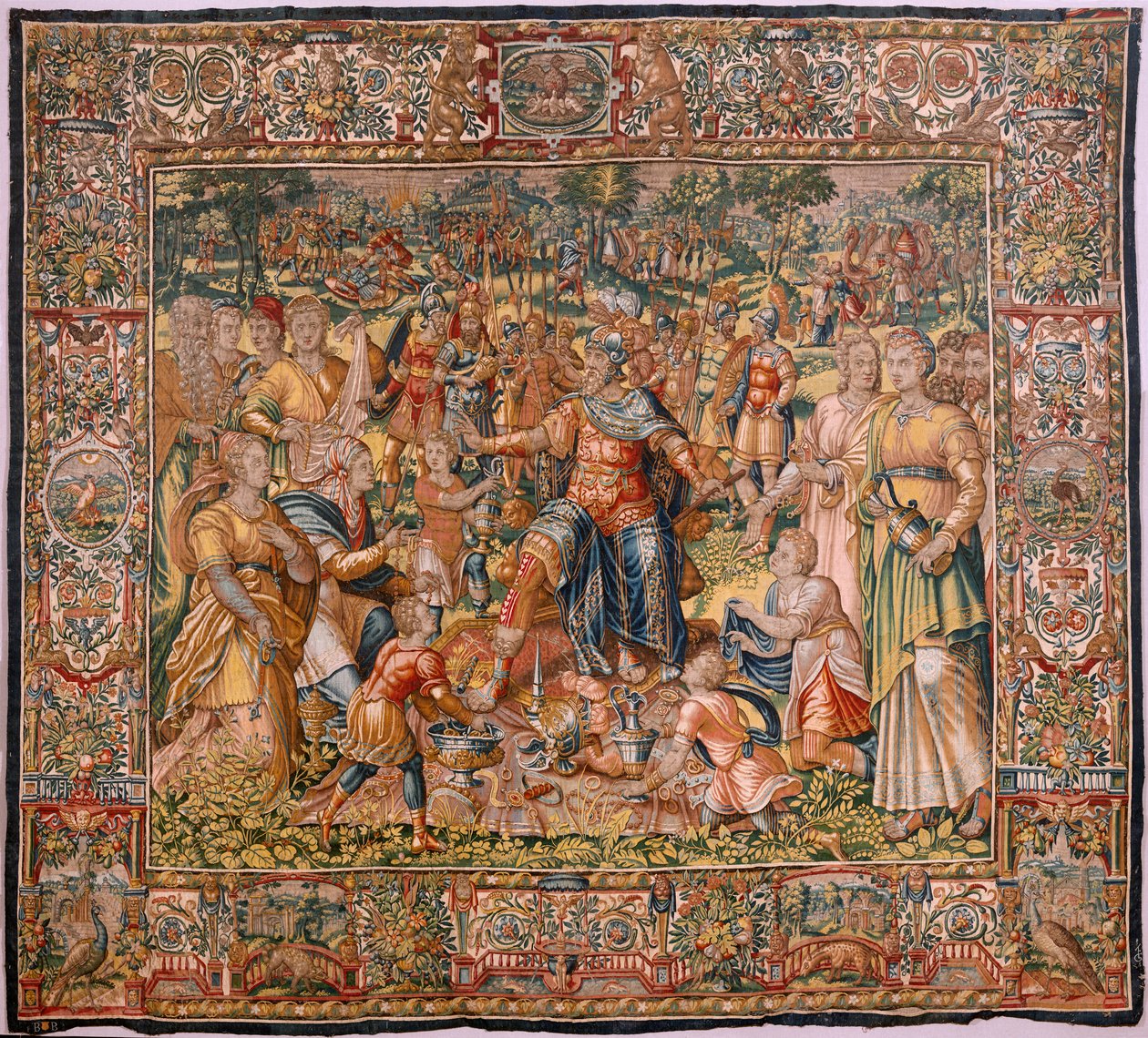 Stiftsmuseet (stiftsmuseet). flamländsk gobeläng. Bryssel. François Geubels verkstad. Serien Berättelsen om Gideon. Israeliterna lämnar över sin del av bytet till Gideon. Siden och ull. Förlåtelse av Bisho av Maerten van Heemskerck