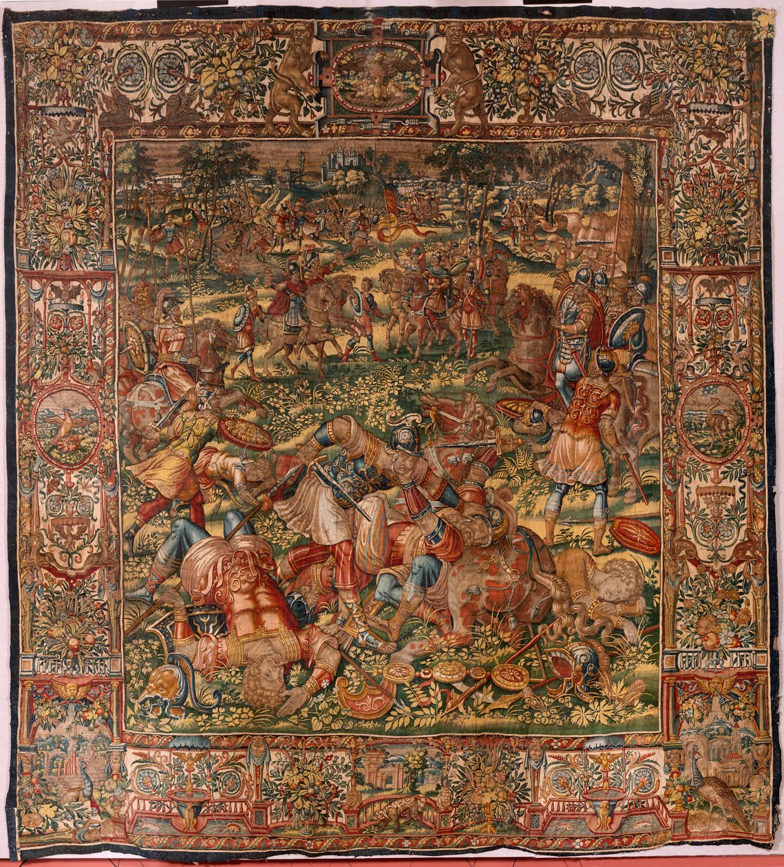 Stiftsmuseet (stiftsmuseet). flamländsk gobeläng. Bryssel. François Geubels verkstad. Serien Berättelsen om Gideon. Midjaniternas nederlag. Siden och ull. Förlåtelse av biskop Vincent Rock av Serna. Barock. 1534-1571, i av Maerten van Heemskerck