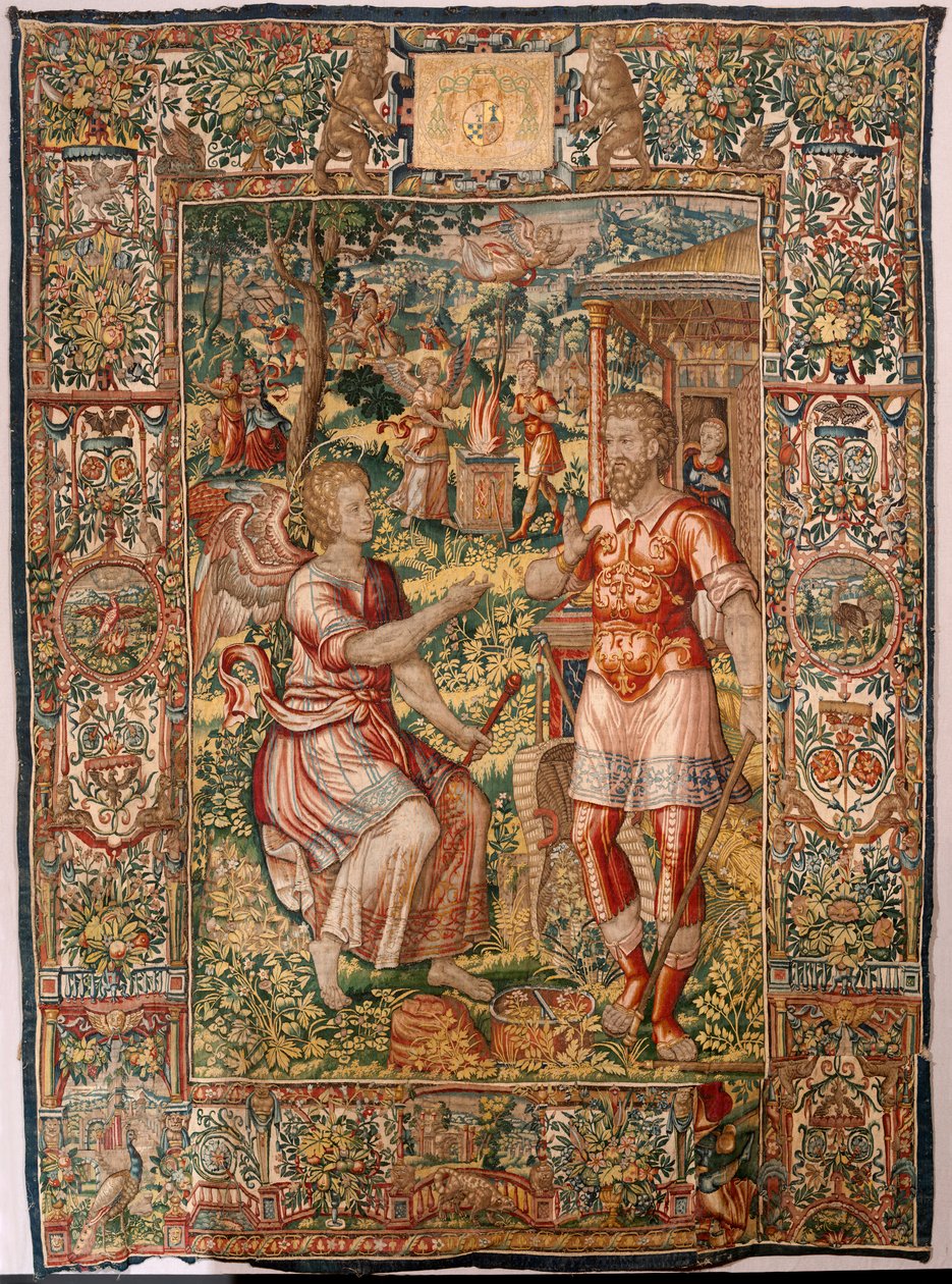 Stiftsmuseet (Museo Diocesano). flamländsk gobeläng. Bryssel. Atelier François Geubels. Serien Story of Gideon. Gideon och ängeln (Gedeón y el ángel). Siden och ull. Förlåtelse av biskop Vicente Roca de la Serna. Barock. 1534-1571, i domkyrkan sedan av Maerten van Heemskerck