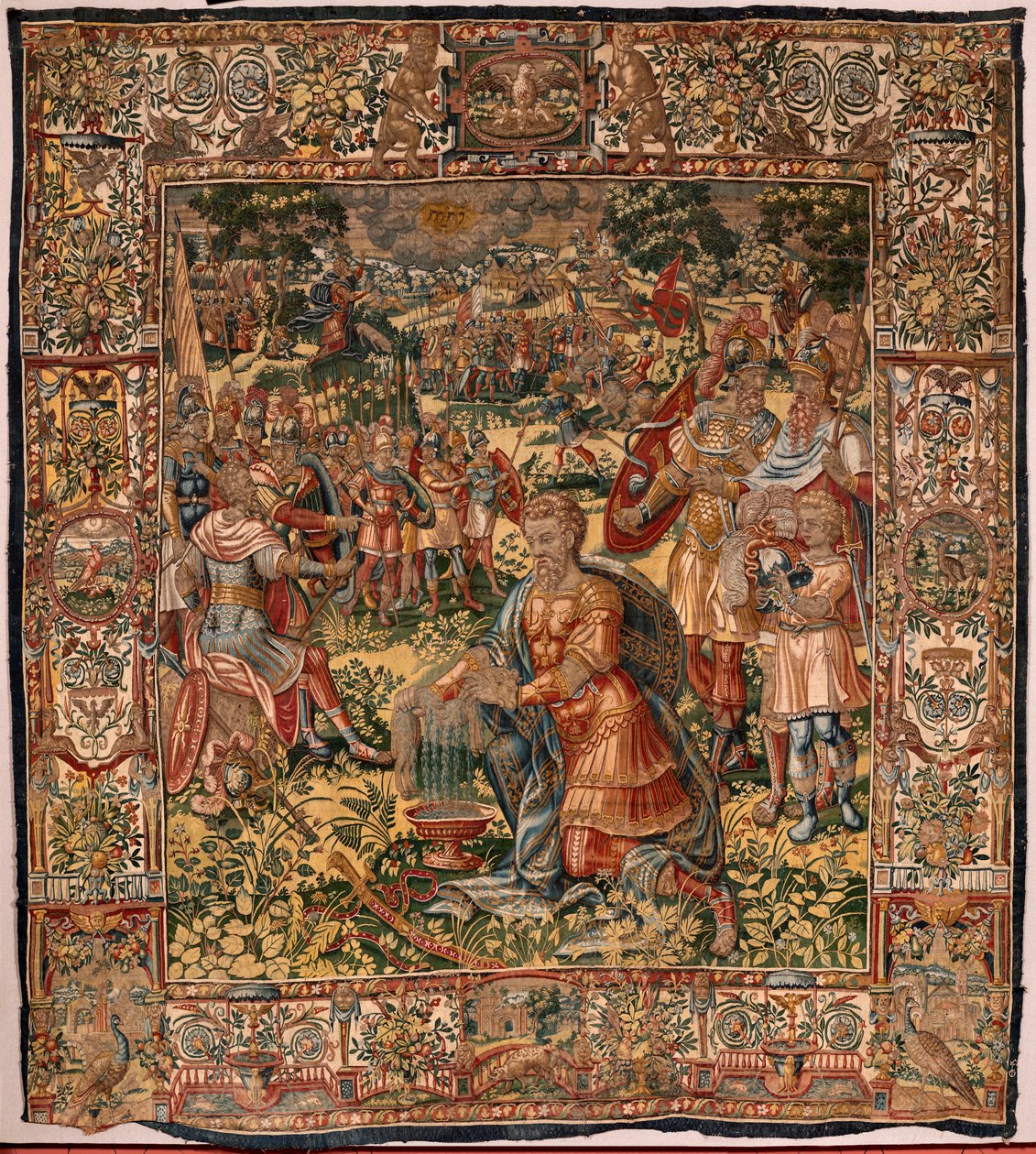 Stiftsmuseet (Museo Diocesano). flamländsk gobeläng. Bryssel. Atelier François Geubels. Serien Story of Gideon. Underverket med ullfleece (Prueba del vellón de lana). Siden och ull. Förlåtelse av biskop Vicente Roca de la Serna. Barock. 1534-1571, dvs av Maerten van Heemskerck
