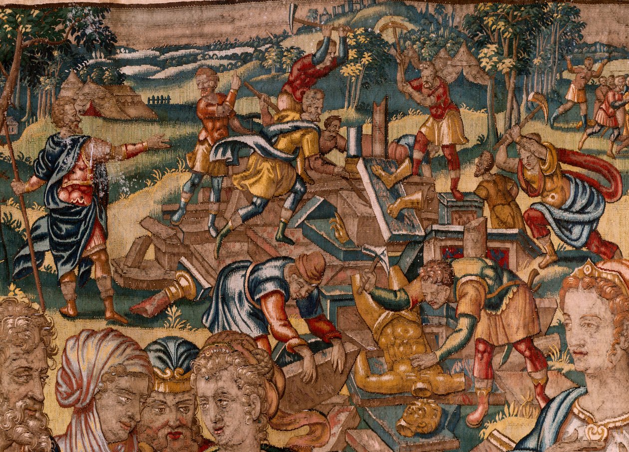 Stiftsmuseet (stiftsmuseet). flamländsk gobeläng. Bryssel. François Geubels verkstad. Serien Berättelsen om Gideon. Joash får veta att Gideon har förstört Baals altare (Joash får veta att Gideon har rivit Baals altare). Siden och ull. Beque av Maerten van Heemskerck
