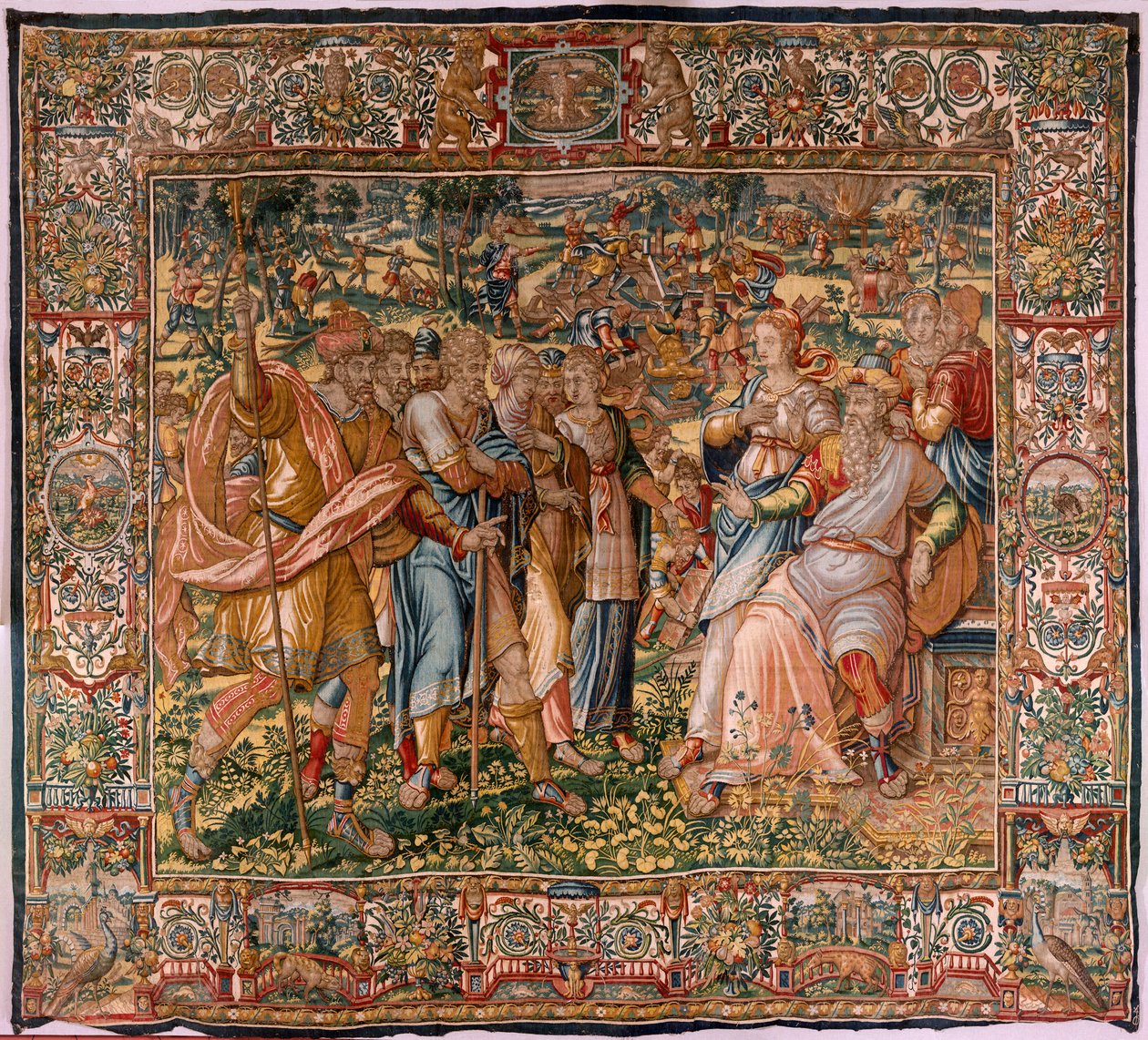 Stiftsmuseet (stiftsmuseet). flamländsk gobeläng. Bryssel. François Geubels verkstad. Serien Berättelsen om Gideon. Joash får veta att Gideon har förstört Baals altare (Joash får veta att Gideon har rivit Baals altare). Siden och ull. Beque av Maerten van Heemskerck