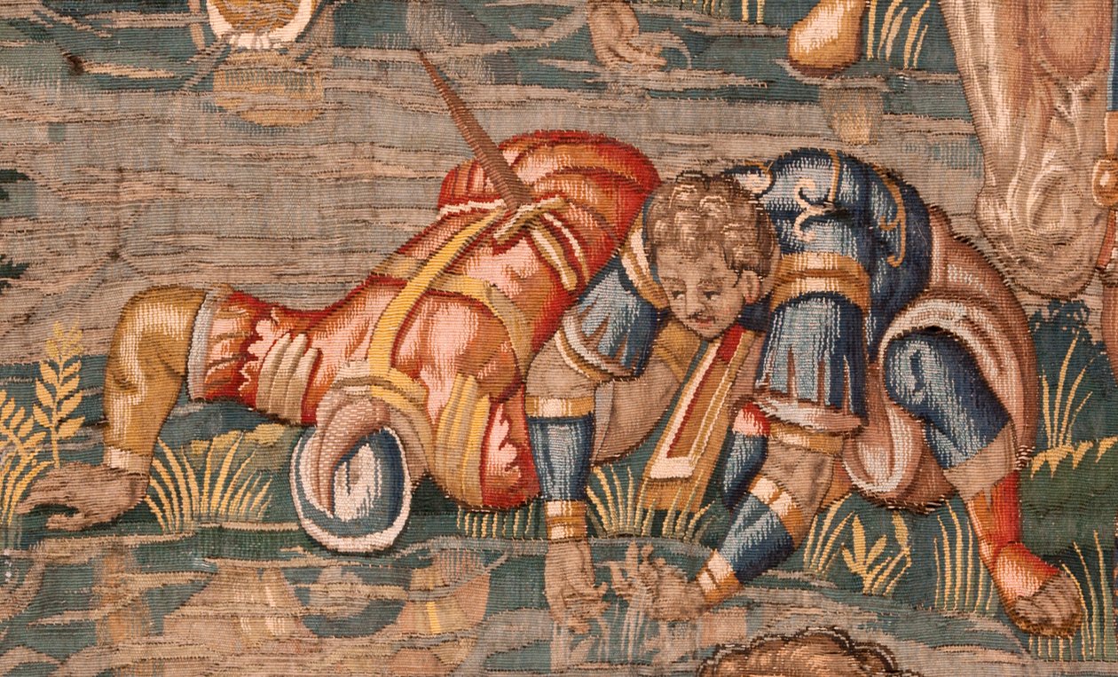 Stiftsmuseet. flamländsk gobeläng. Bryssel. Atelier Francois Geubels. Serien Story of Gideon. Krigarna är utvalda. Siden och ull. Förlåtelse av biskop Vicente Roca de la Serna. Barock. 1534-1571, i c av Maerten van Heemskerck